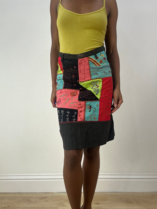 💻‼️ | extra small kookai patchwork midi skirt with embroidery detail