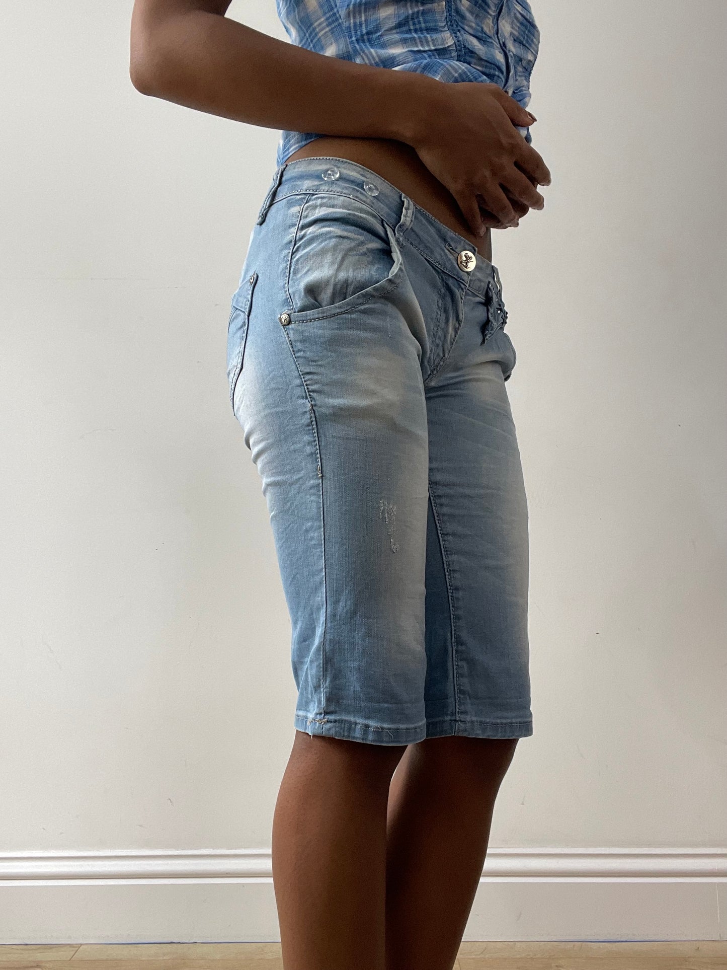 midsummer edit | small blue denim shorts with bow detail