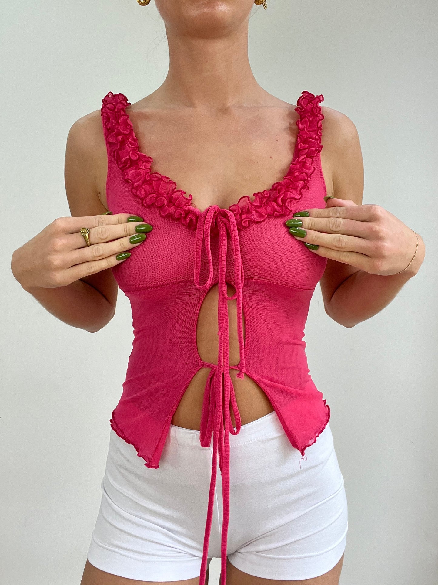 #340 SAMPLE SALE | extra small pink sheer ruffle cami