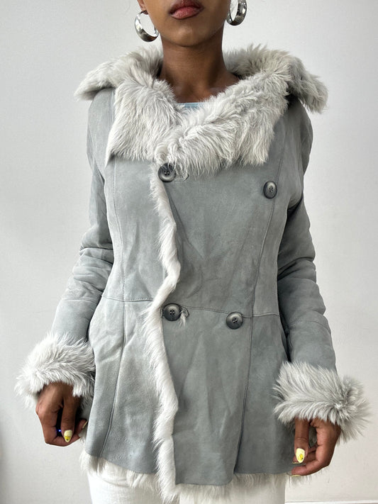 vintage edit thirty-two | small grey suede style jacket with fur lining and oversized buttons
