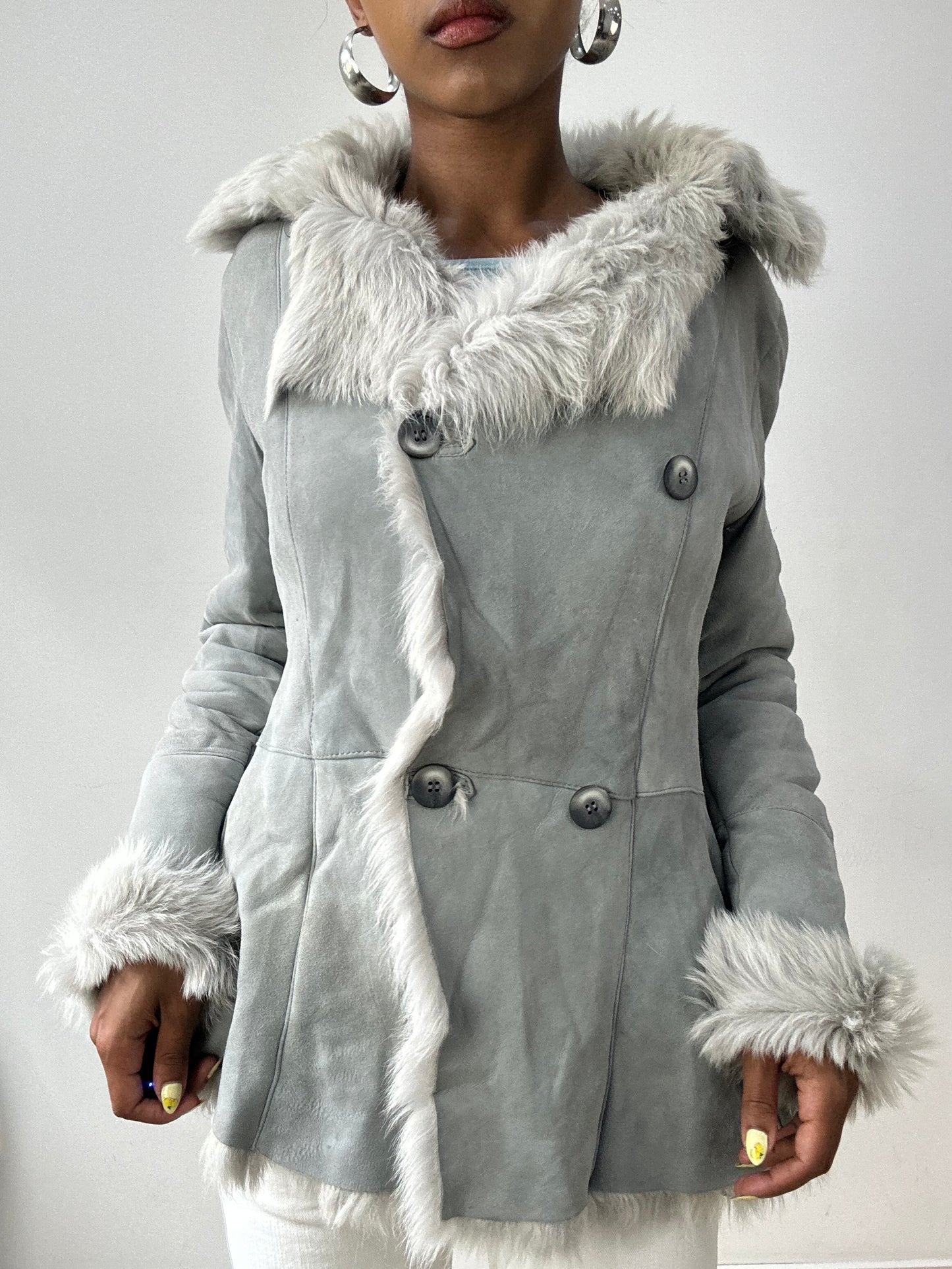 vintage edit thirty-two | small grey suede style jacket with fur lining and oversized buttons