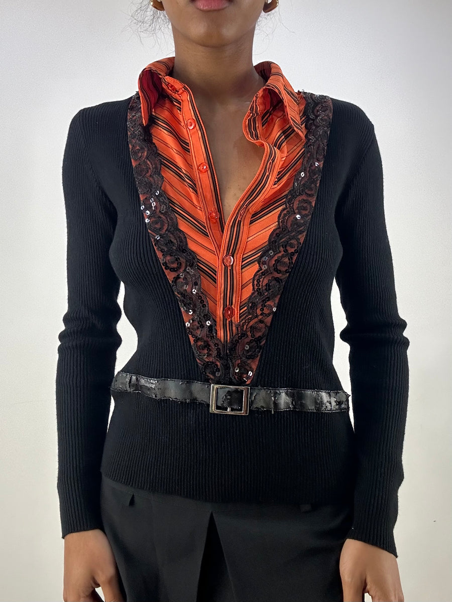 vintage edit: office siren | Pequeno botão preto e laranja para cima vestido feminino