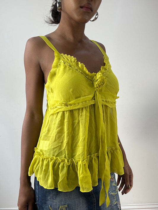 LFW edit | small chartreuse cami top with lace style trim