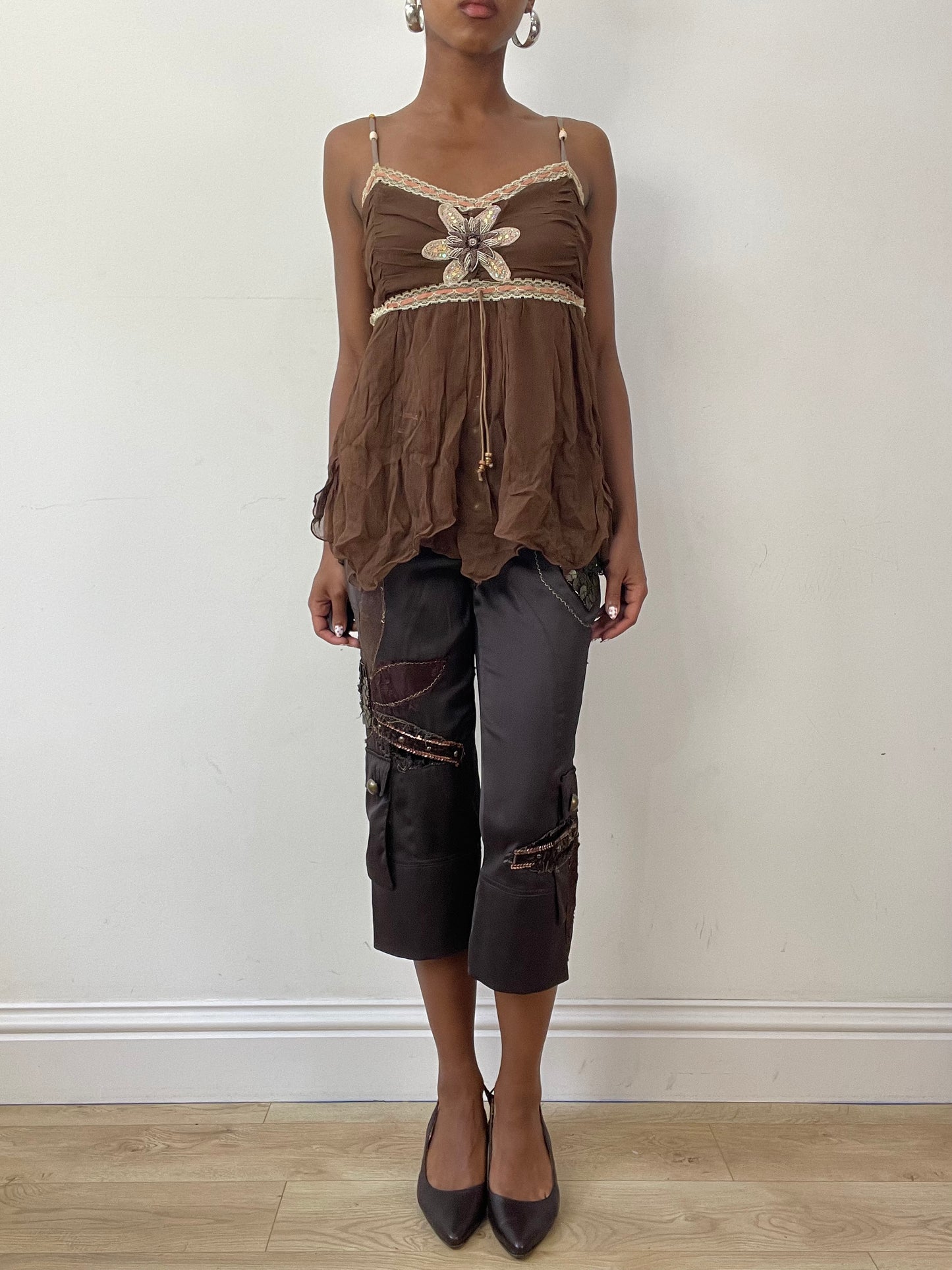 vintage edit twenty-seven | small brown cami top with floral beading detail