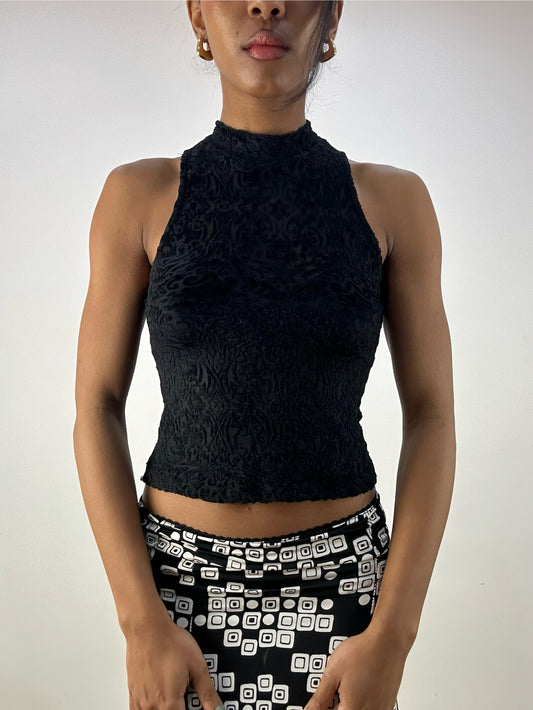💻MOB WIFE DROP | small black high neck velvety patterned top