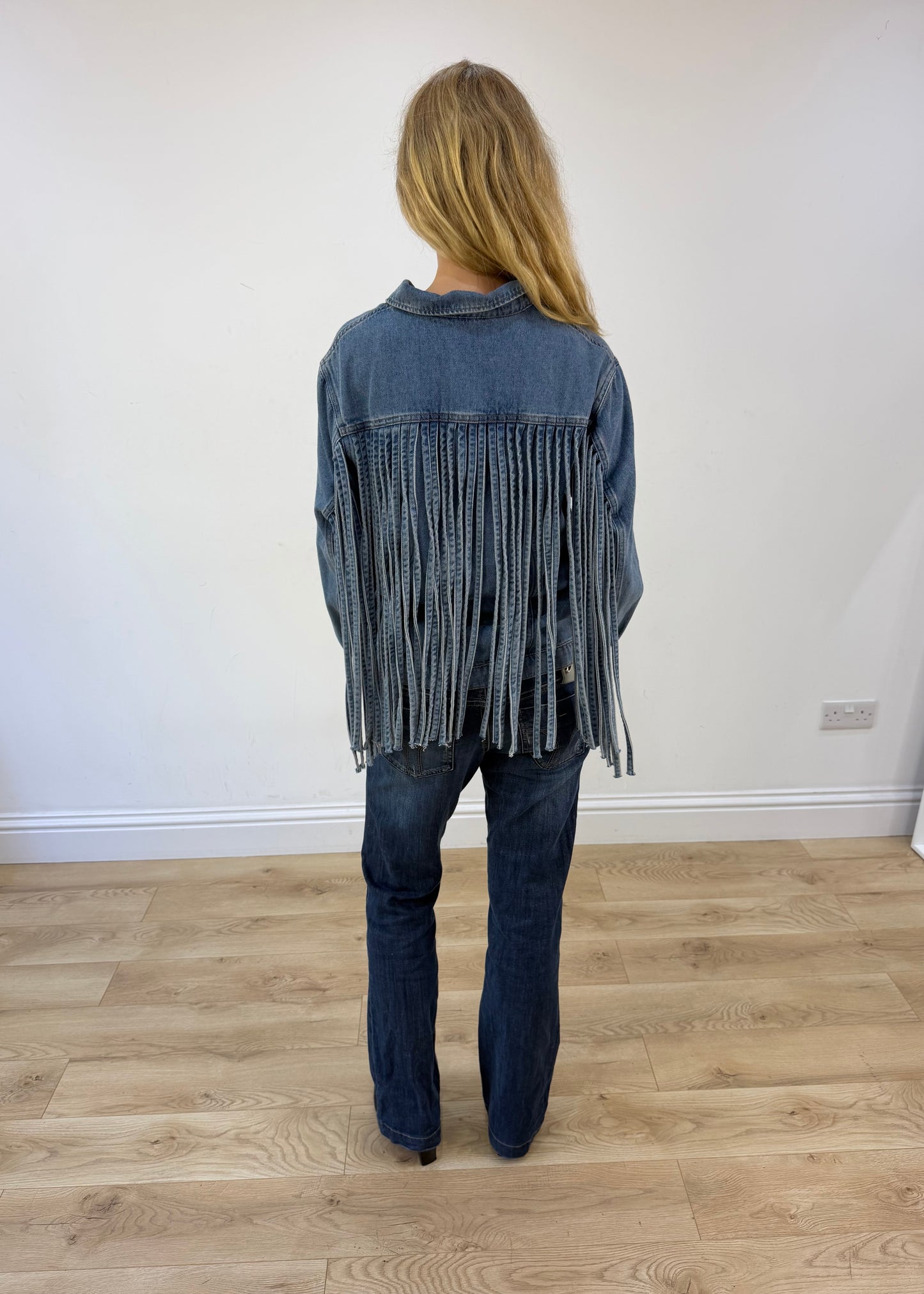 medium denim fringe jacket