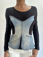 olivia rodrigo drop | taille: S · couleur: noir · matière: denim · article: haut · détails: manches longues + empiècements