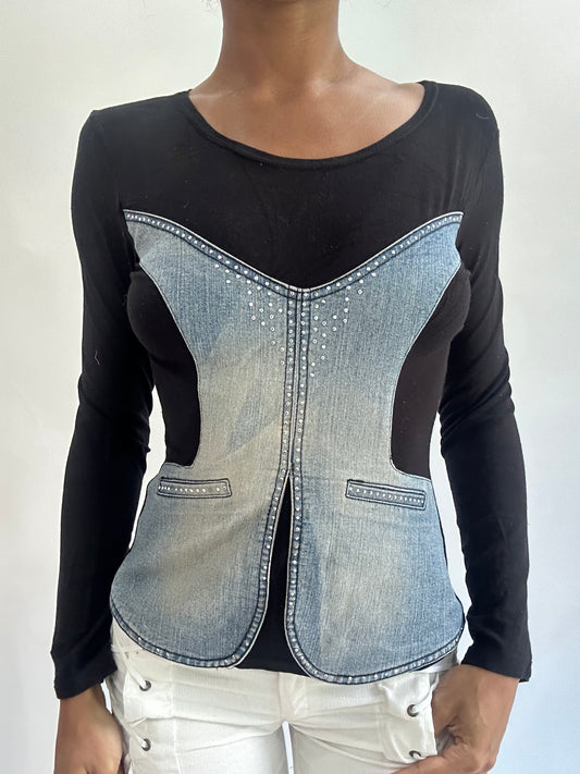 olivia rodrigo drop | small black long sleeve top with denim panelling