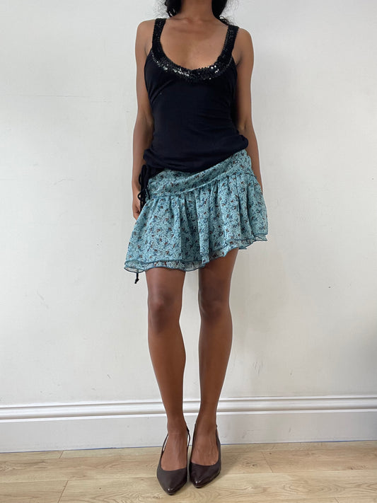 vintage edit: festival | medium blue floral ditsy mini skirt with tie up bow