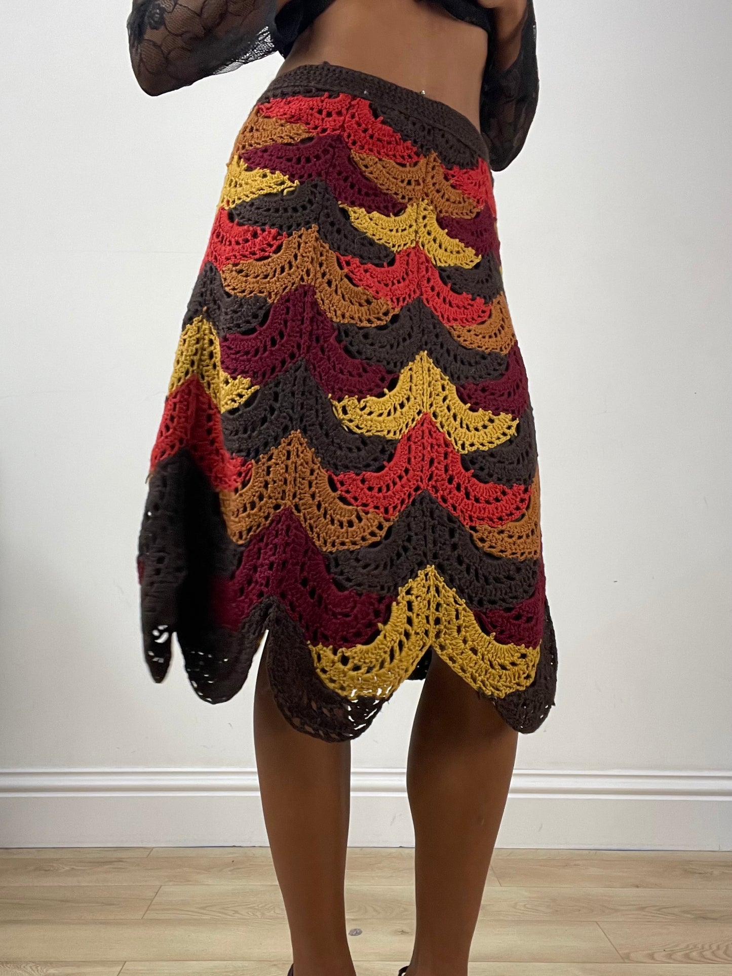 vintage edit: halloween | extra small brown and red crochet midi skirt