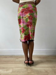 vintage edit twenty-five | taille: XS · couleur: rose + vert · article: jupe · détails: longueur midi + hibiscus + motif