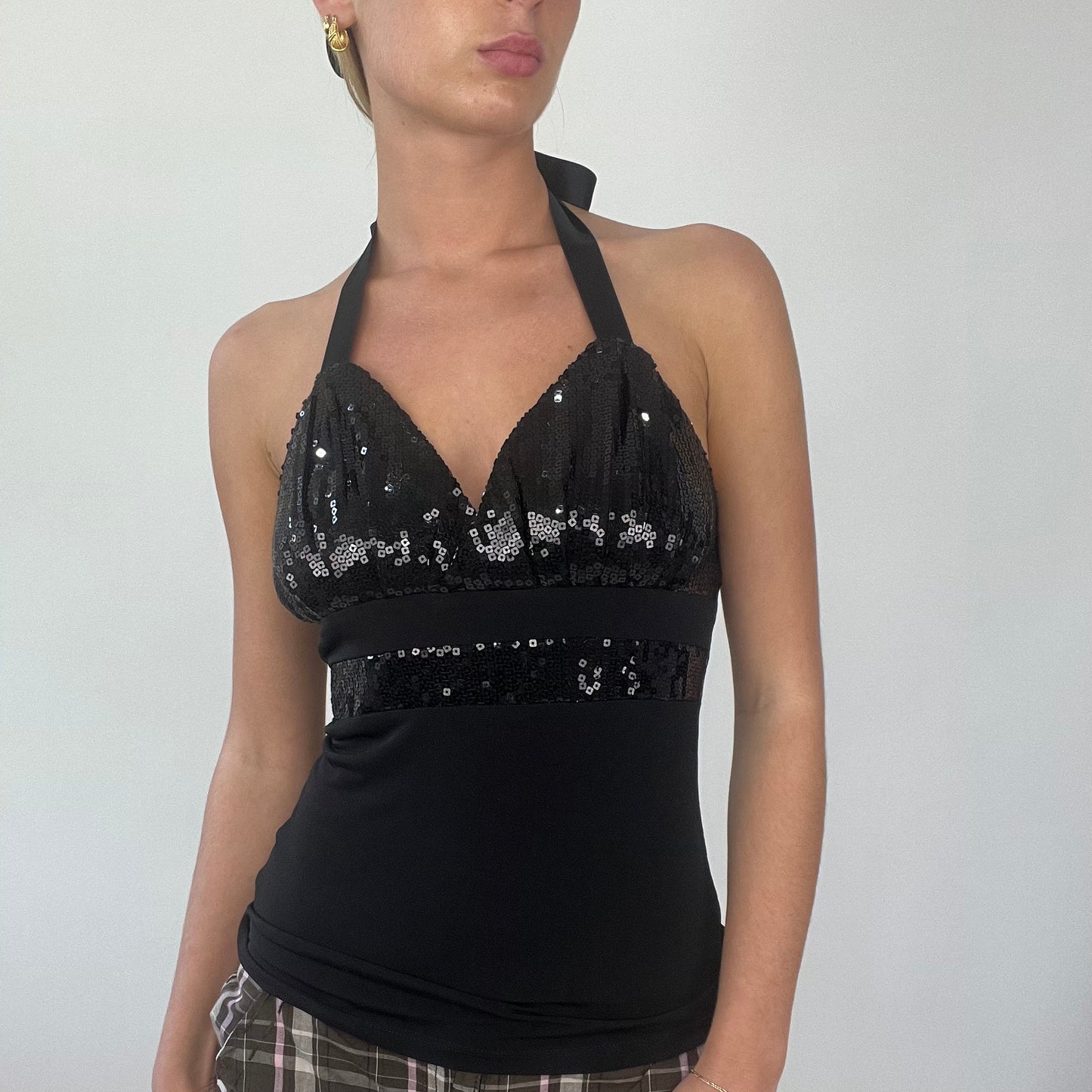 PROM SEASON DROP | small black halterneck top with sequin detail