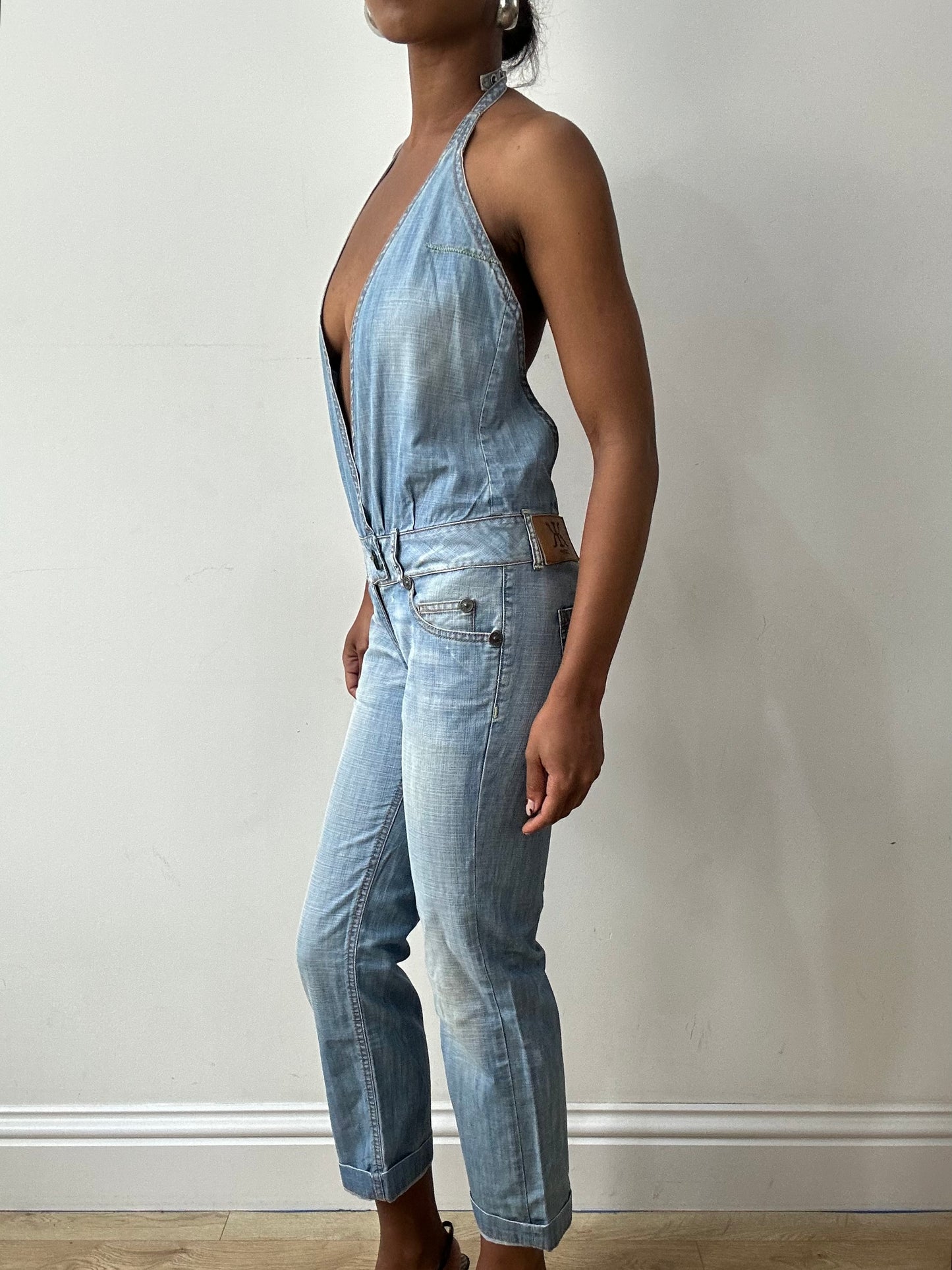 midsummer edit | small light blue denim halterneck jumpsuit