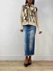 vintage edit thirty-three | medium cream knit zip up jumper with faux fur detail