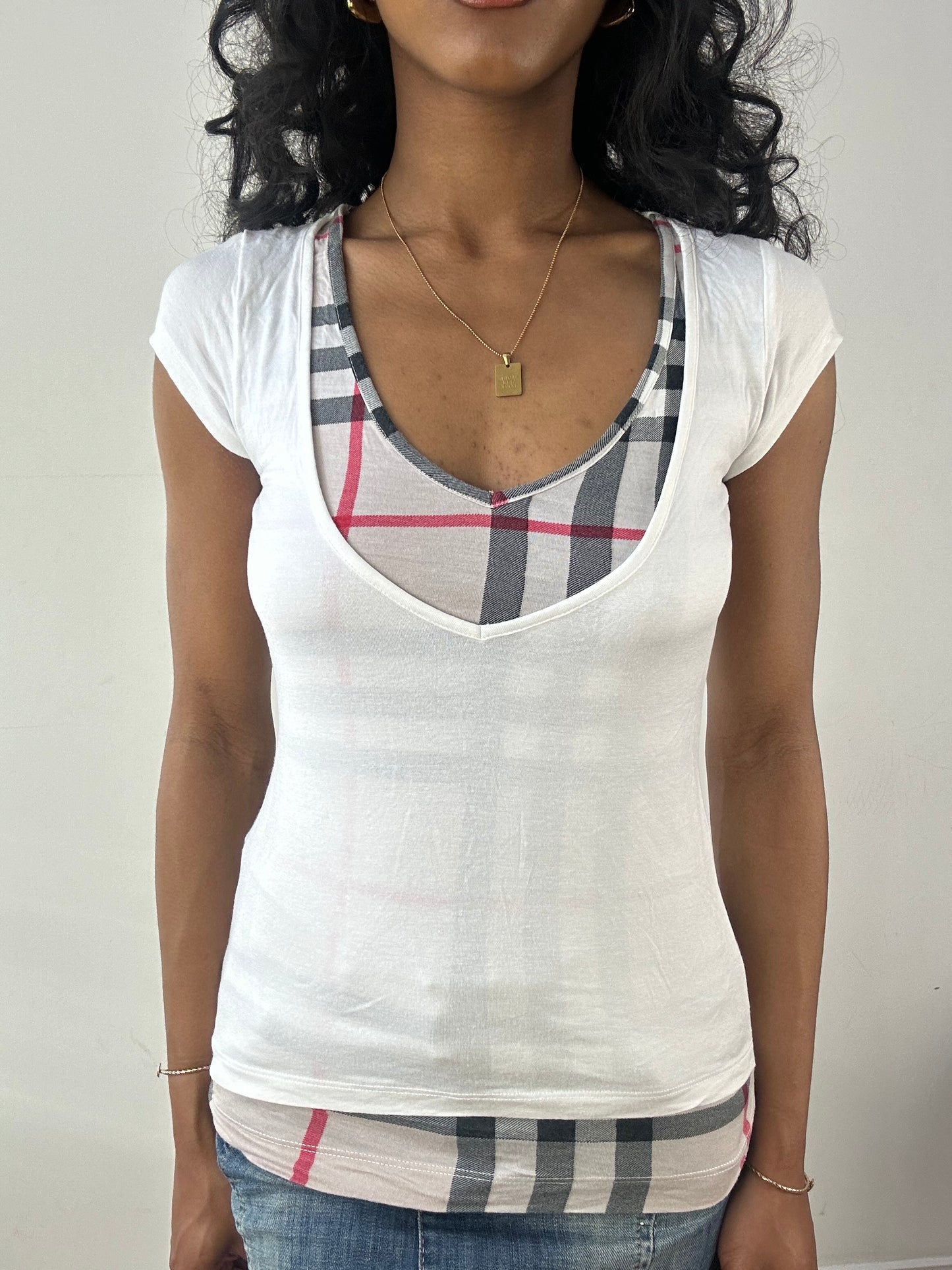 vintage edit: tops | small white nova check print t-shirt