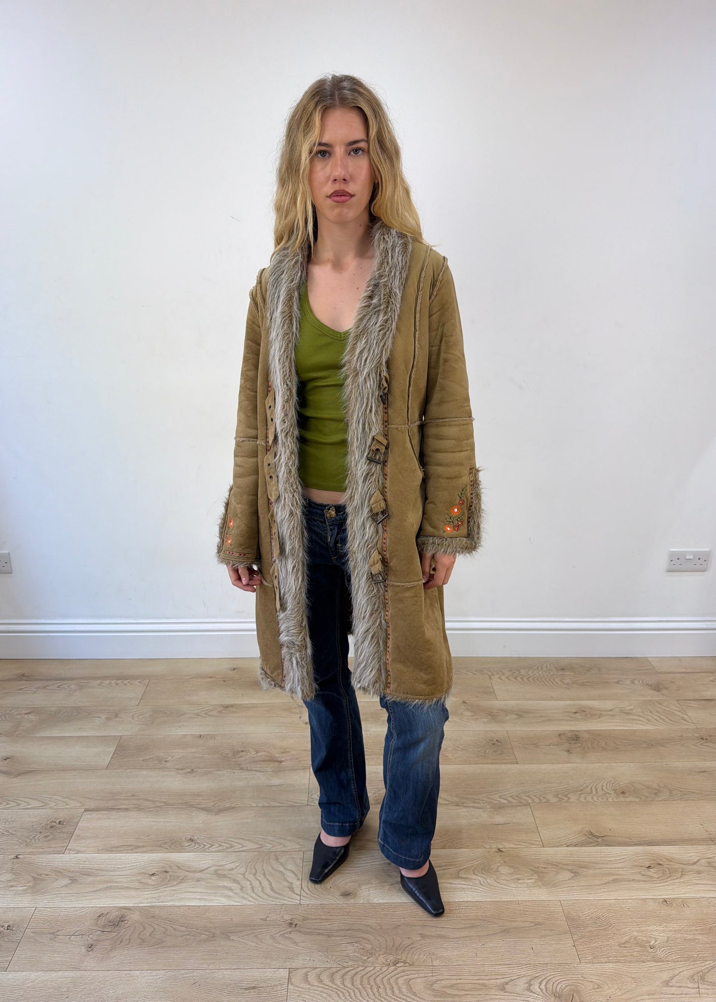 large beige embroidered afghan coat
