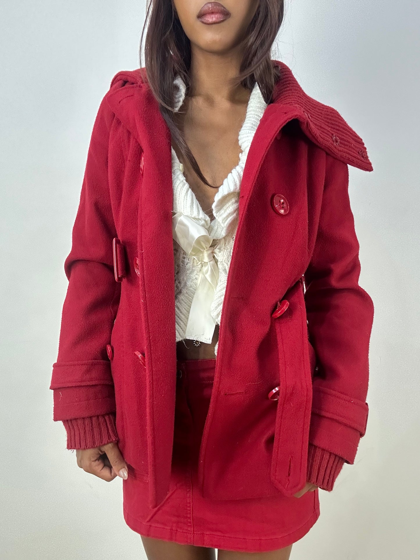 vintage edit thirty-three | small red peacoat jacket with knit trim
