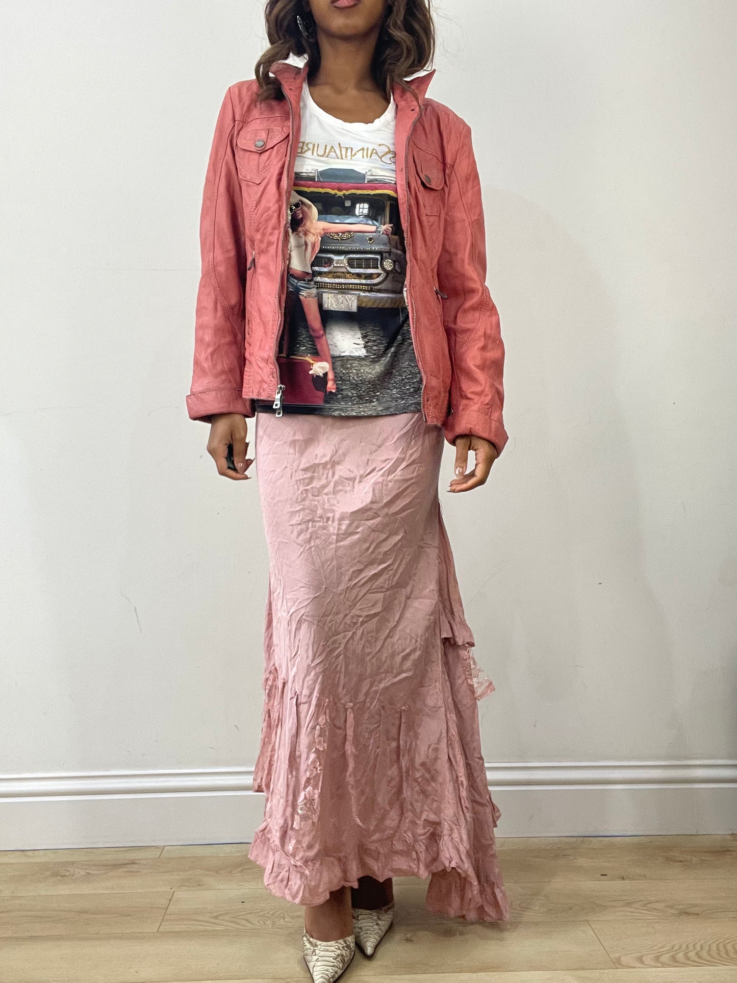 vintage edit: fashion week | small pink faux leather dual zip jacket