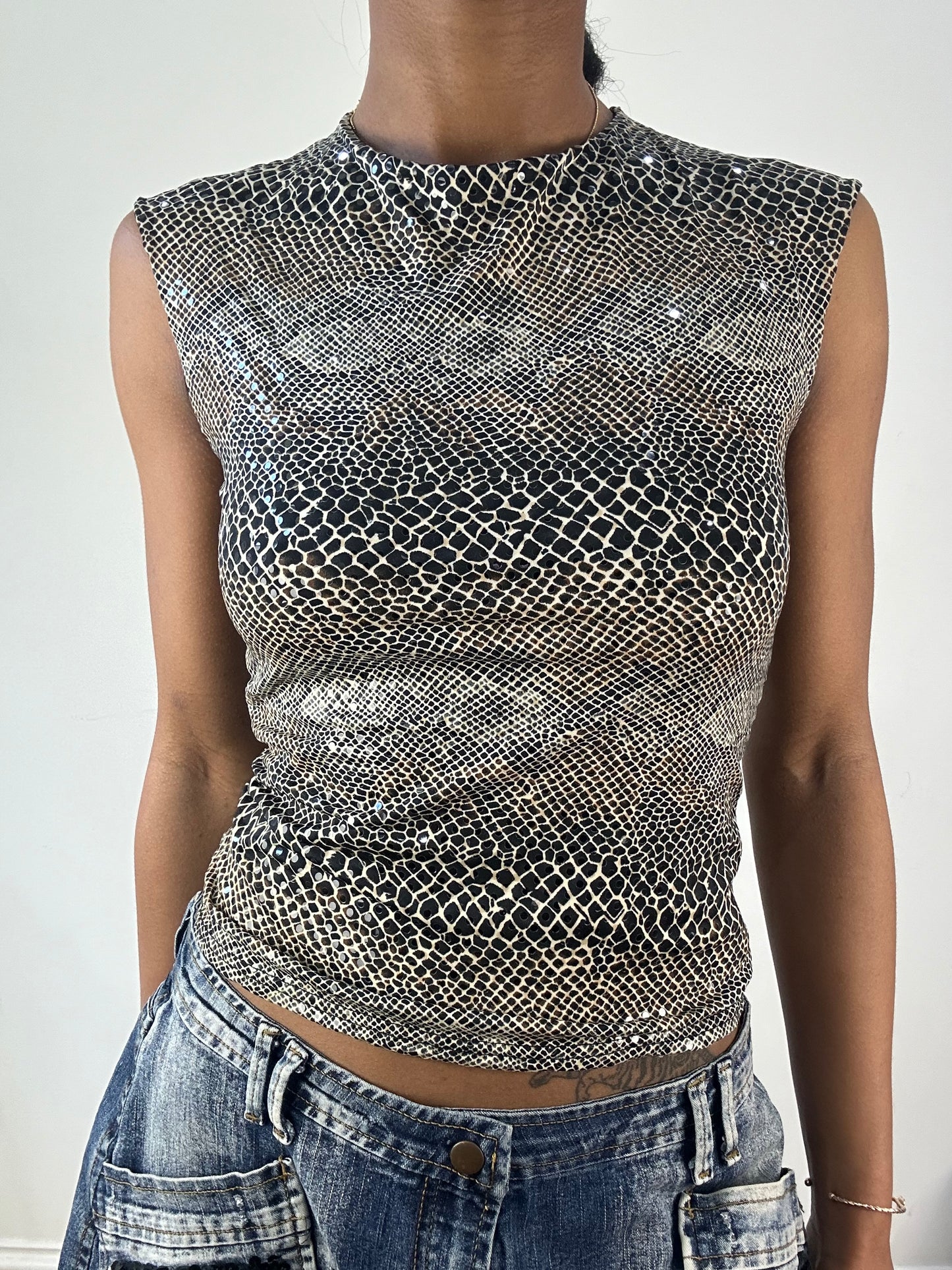 vintage edit eighteen | small black and beige glittery snake print tank top