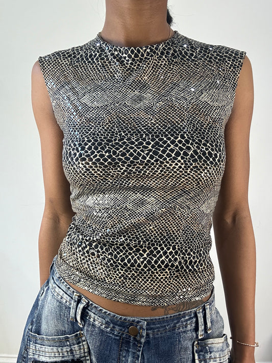 vintage edit eighteen | small black and beige glittery snake print tank top