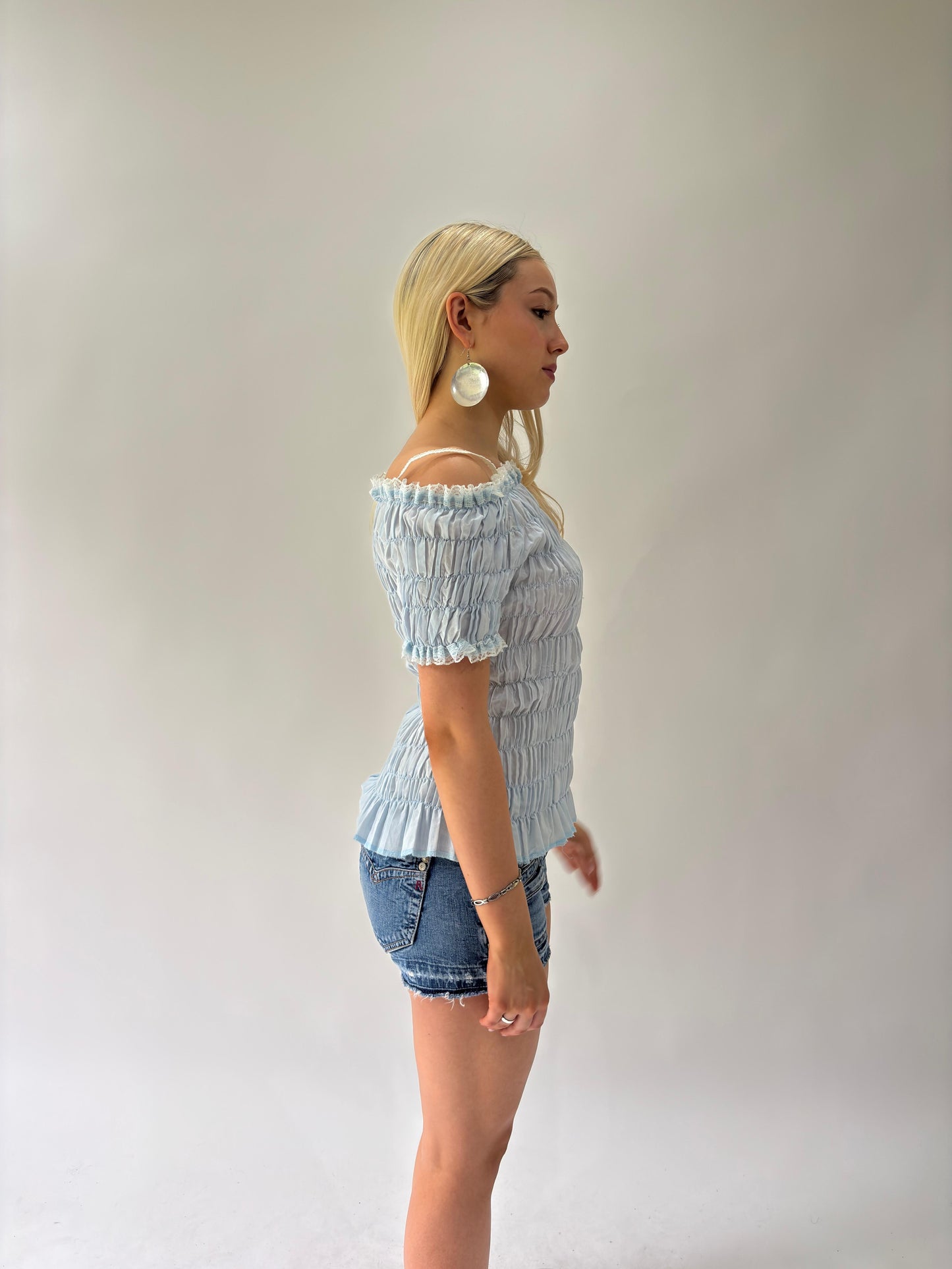 sailor drop | small blue ruched off the shoulder top