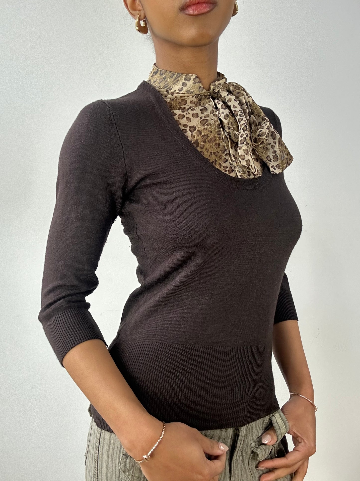 vintage edit fifteen | small brown knit jumper with built in leopard vest