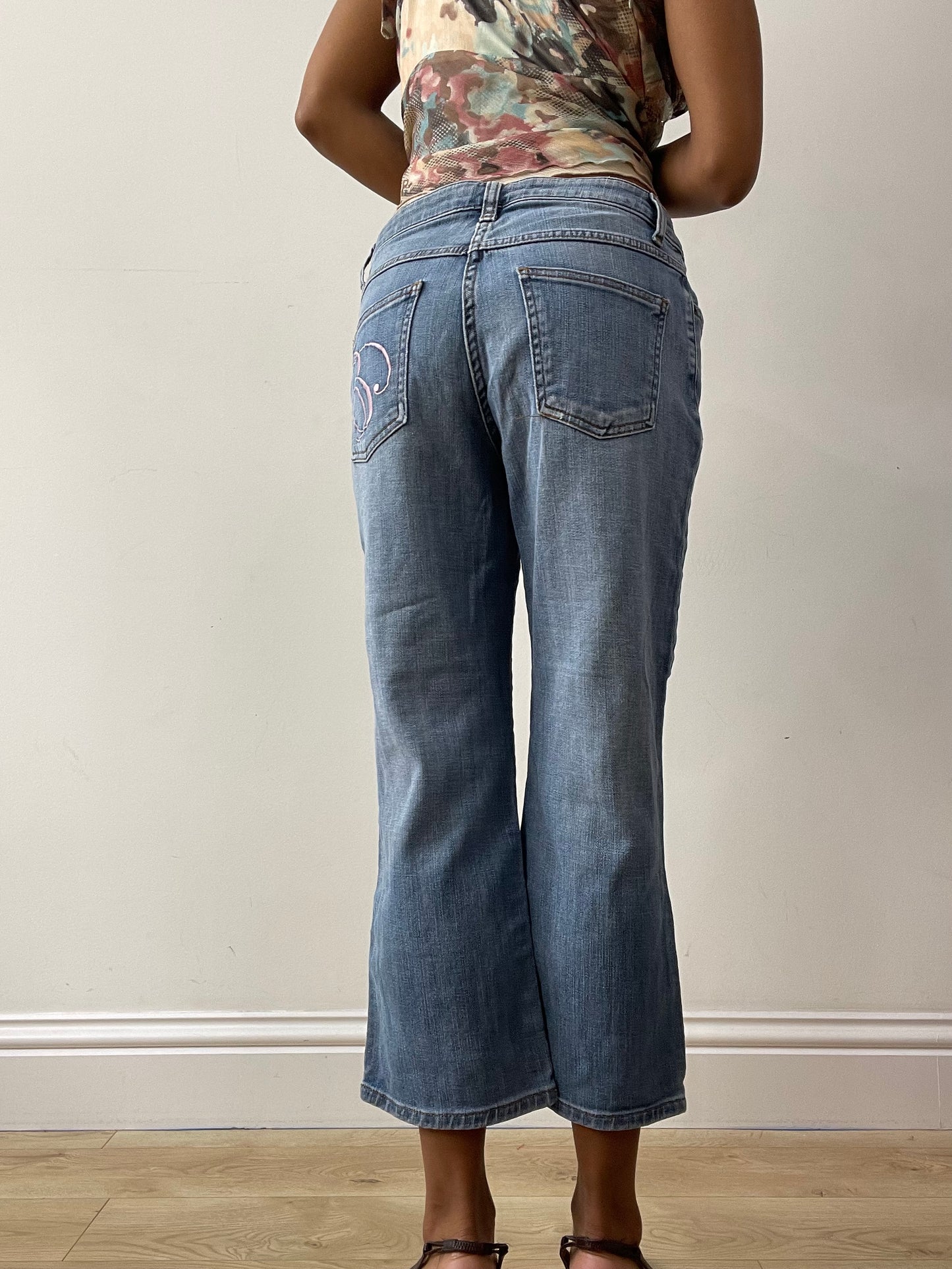 midsummer edit | small blue denim jeans with pink 'E' embroidery