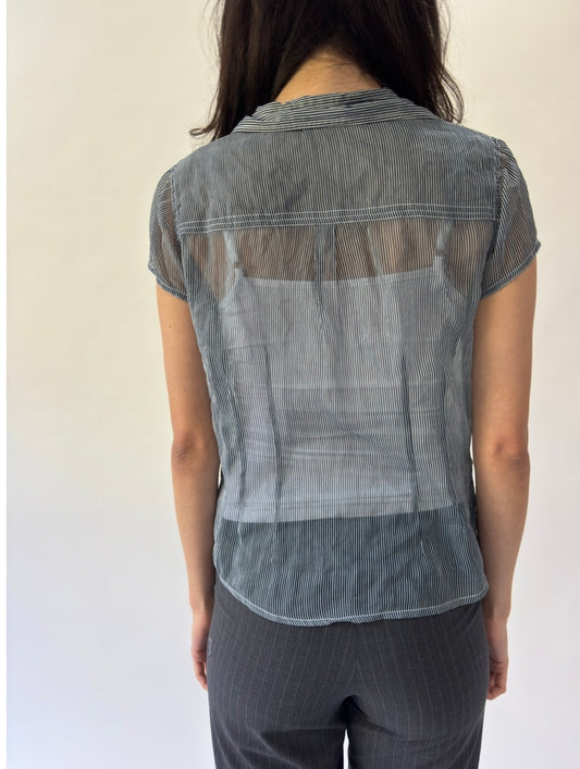 devil wears prada | small/medium navy blue sheer button up top