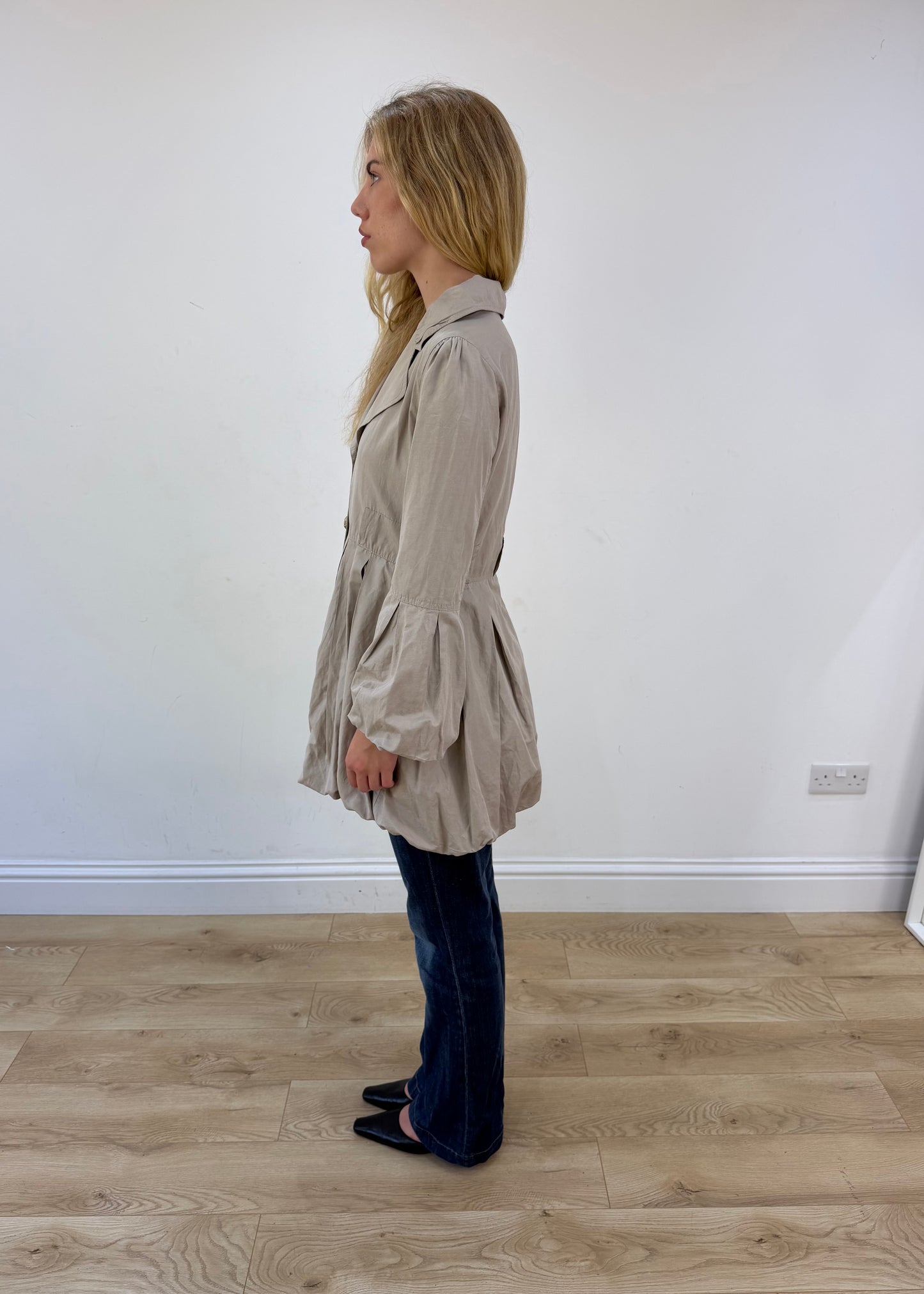 small beige bubble trench coat