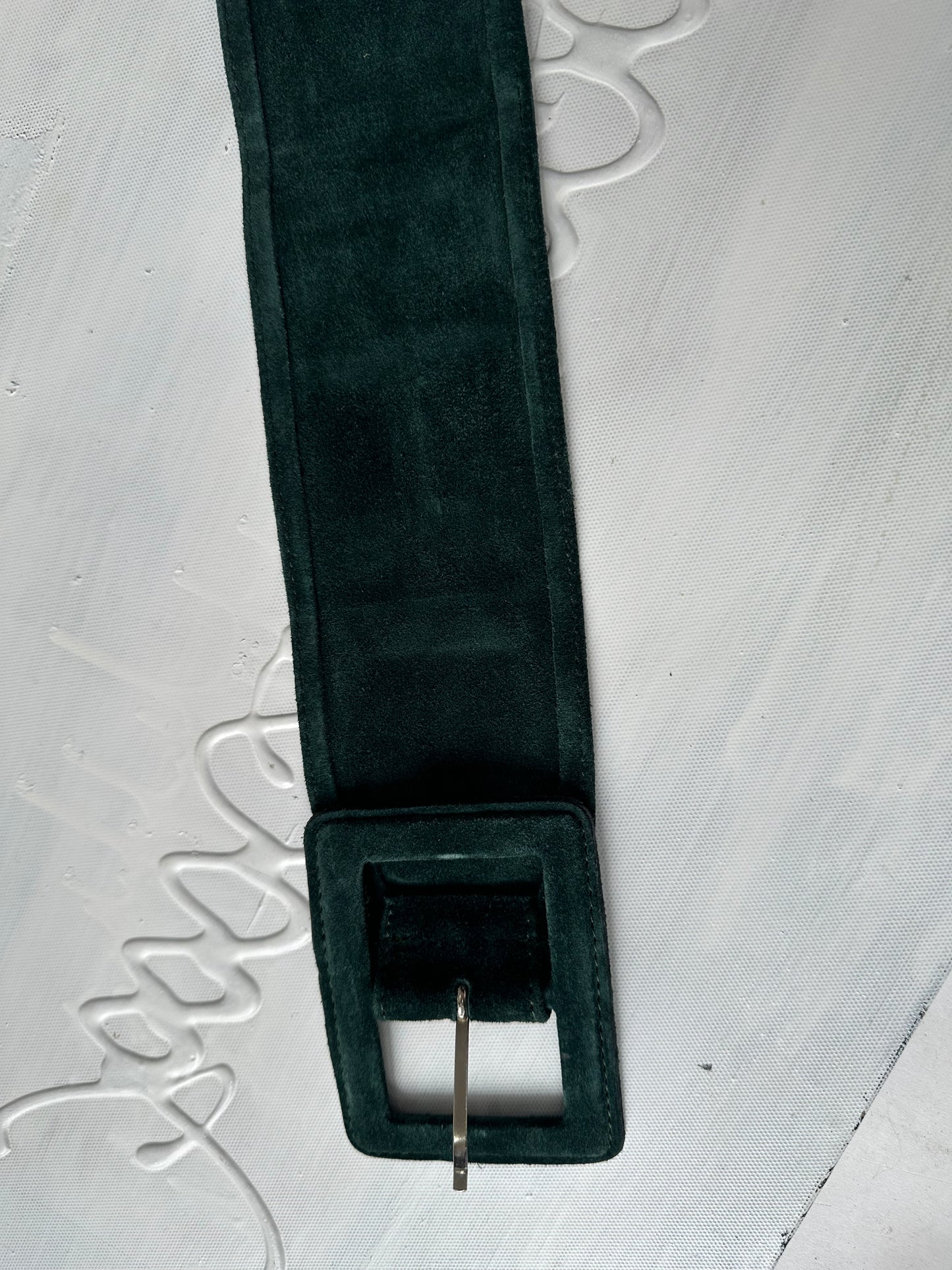 vintage edit thirty-one | one size green faux suede belt with oversized buckle