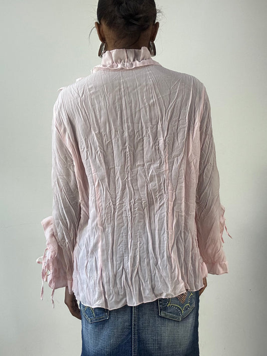 LFW edit | medium pink long sleeve shirt with ruffle details