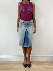 Vintage edit: festival | pequeña falda denim lee midi con detalle de cordones marrones