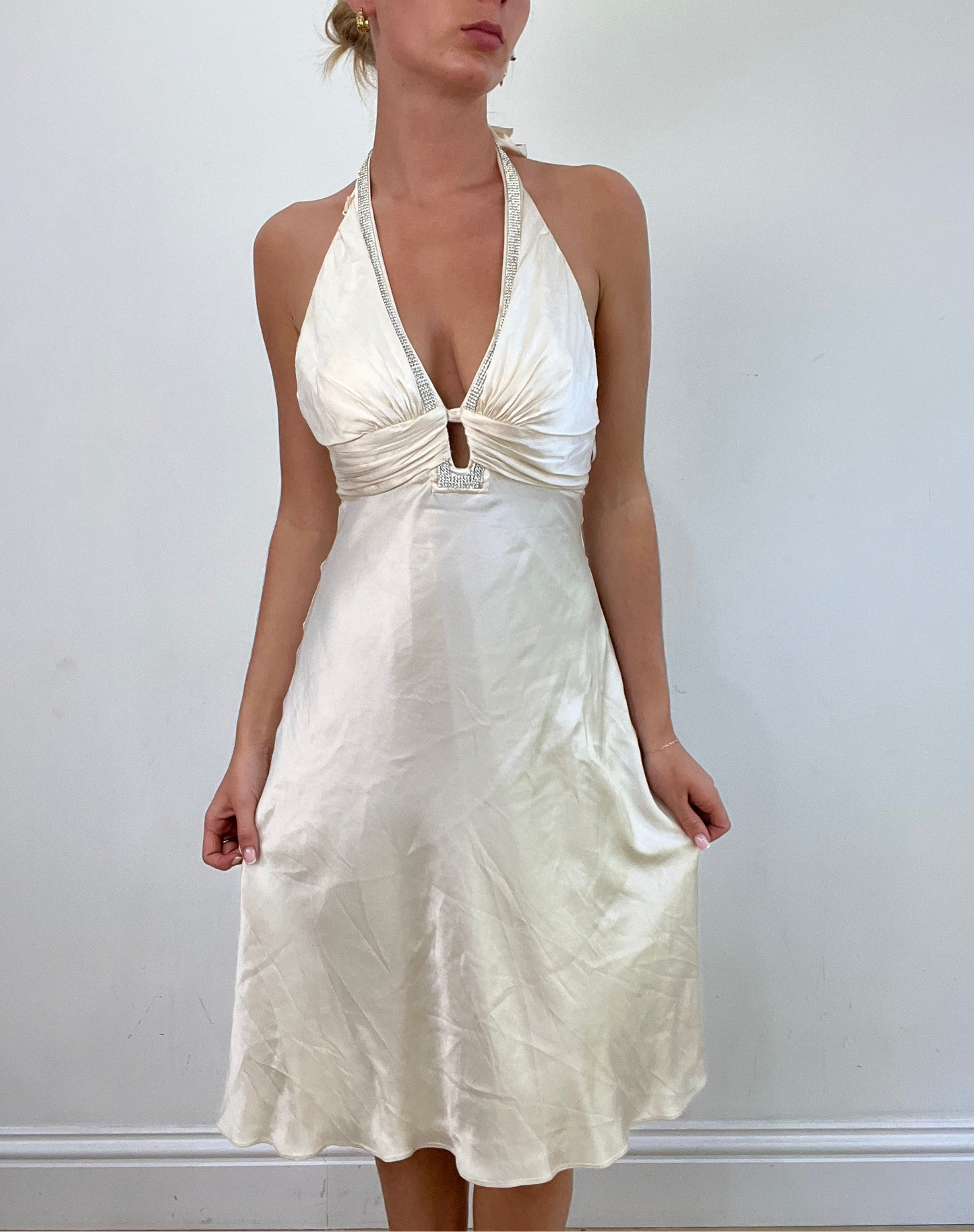vintage edit: wedding guest | small white halter neck midi dress with diamante detail
