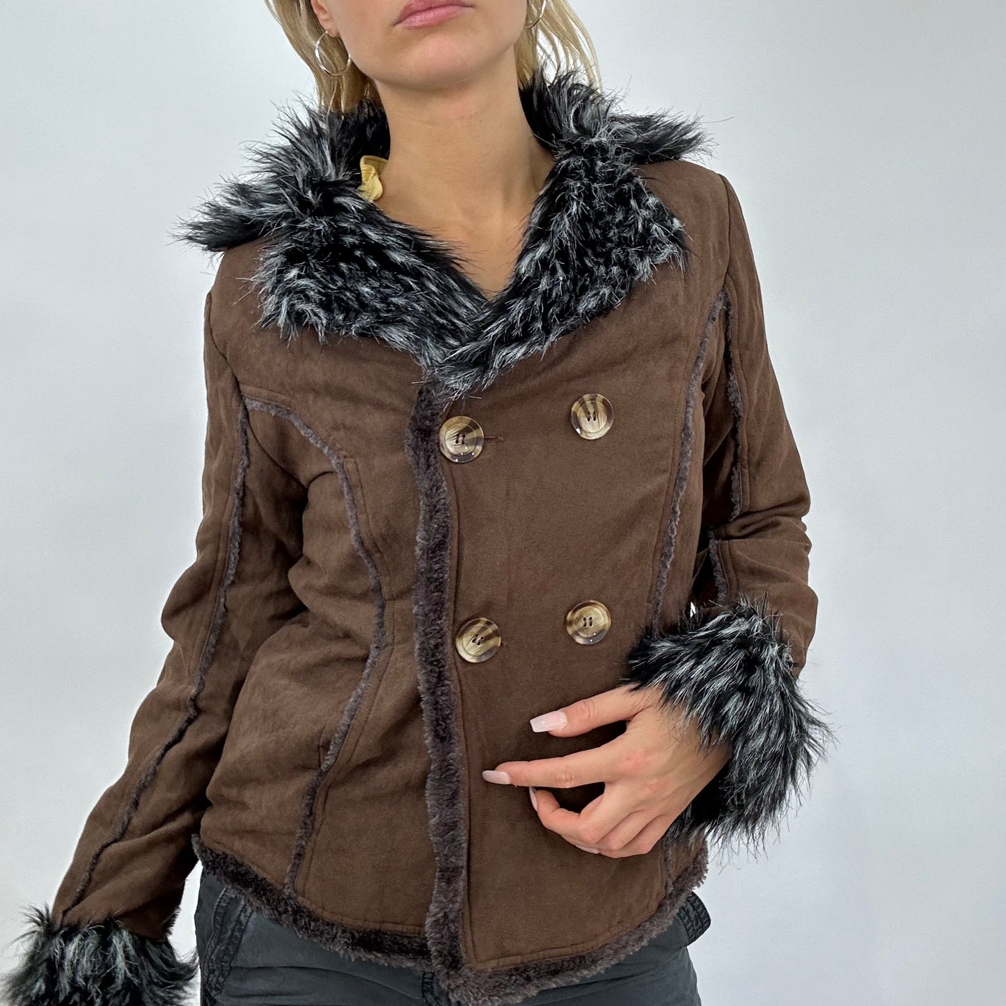BEST PICKS | small brown suede jacket with grey fur detail