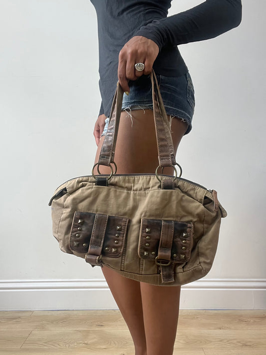BEST PICKS | brown faux leather shoulder bag with studding details