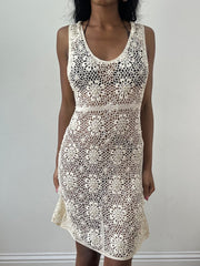 vintage edit: festival | small cream crotchet midi dress with floral pearl detailing