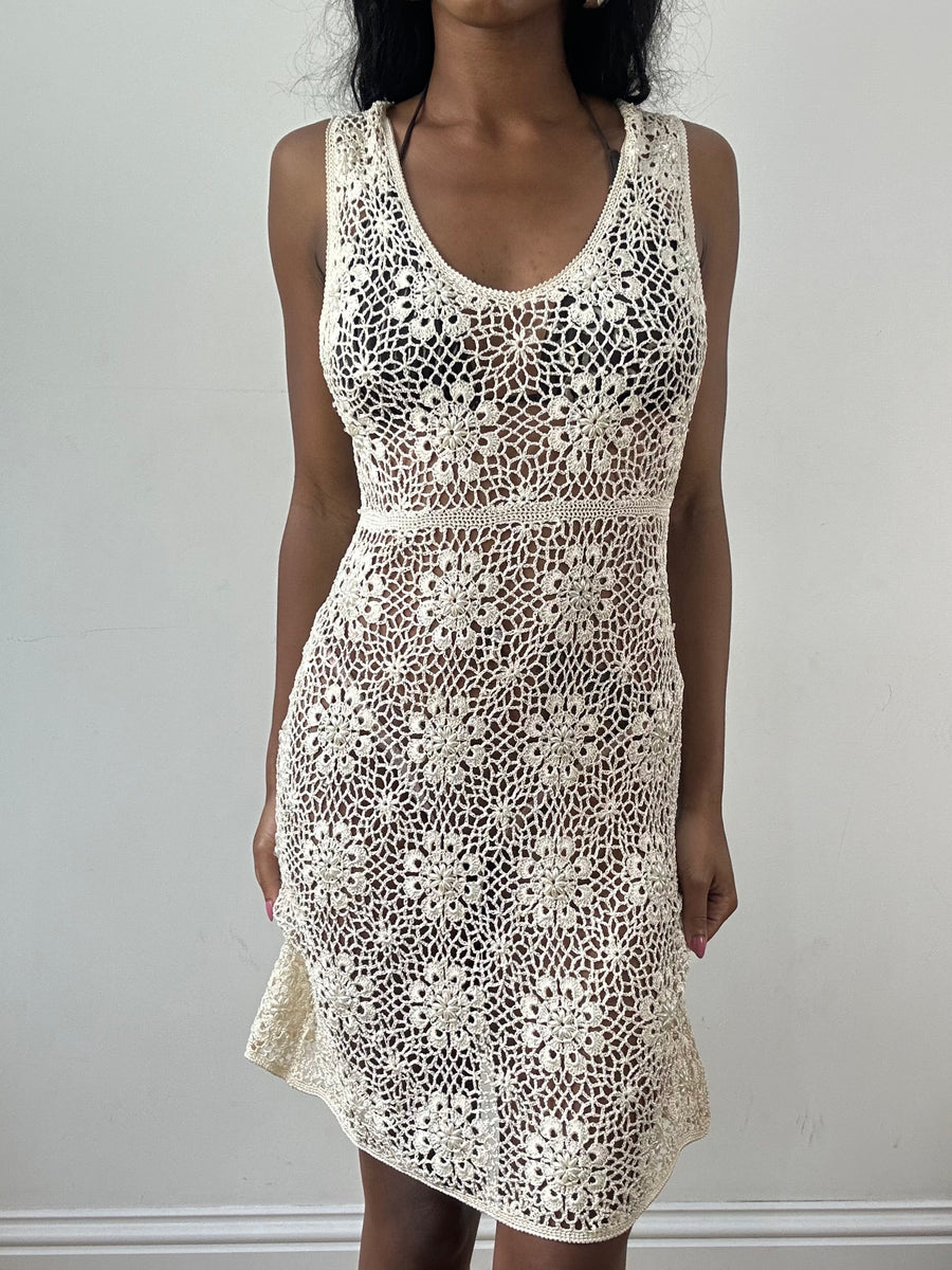 vintage edit: festival | small cream crotchet midi dress with floral pearl detailing