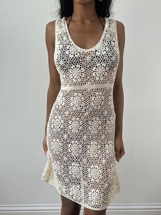 vintage edit: festival | small cream crotchet midi dress with floral pearl detailing