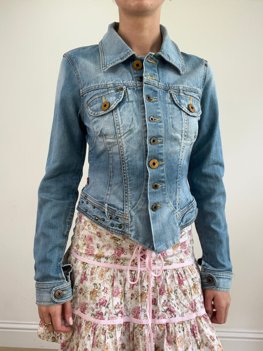 💻💚vintage edit twenty-four | Pequeno luz lavagem azul denim jato com detalhes estragantes