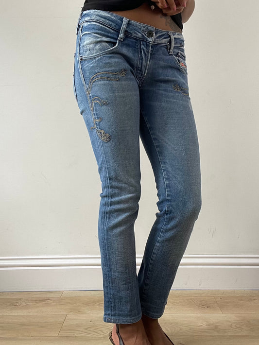 vintage edit: festival | small blue denim diesel jeans with embroidery detail
