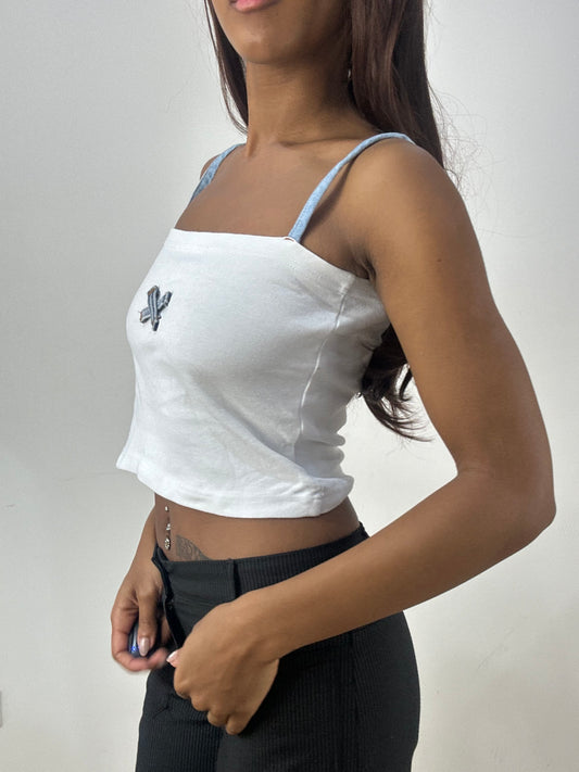 💻‼️ extra small white vest top with denim cross detail and denim straps