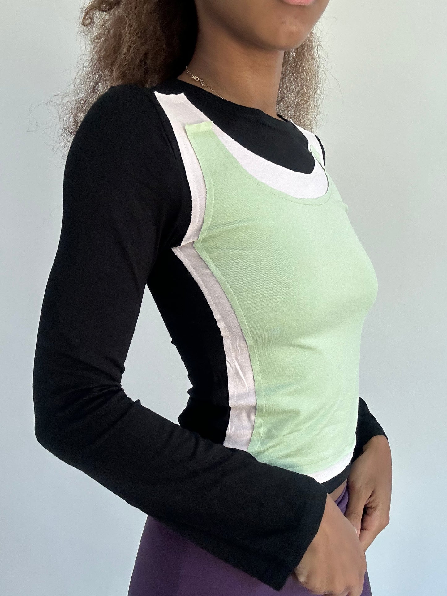 ‼️ | small black long sleeve top with green vest overlay detail