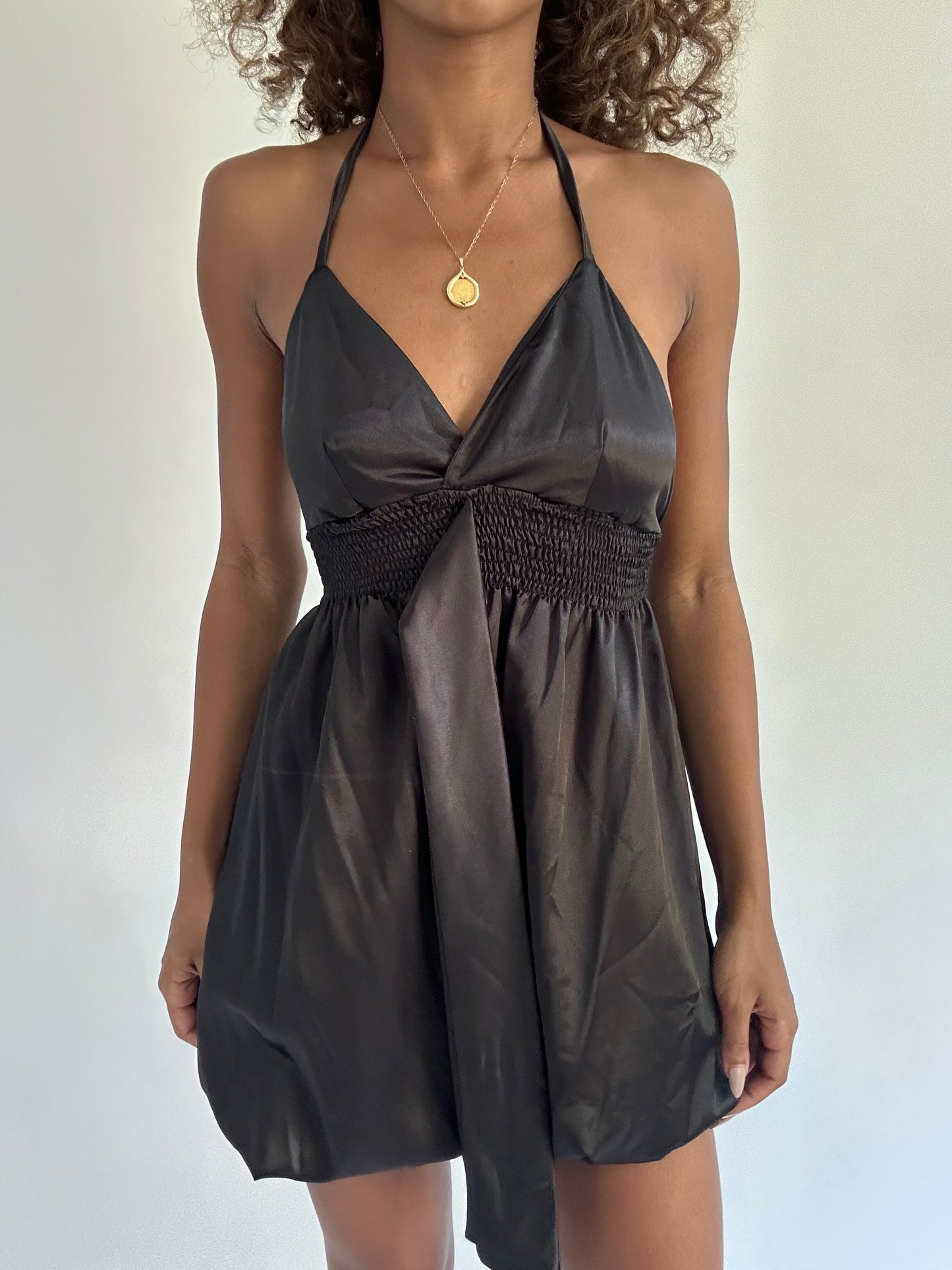 euro trash | small black satin style halter neck mini dress