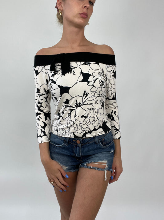 COCONUT GIRL DROP | small white off the shoulder top with black floral print