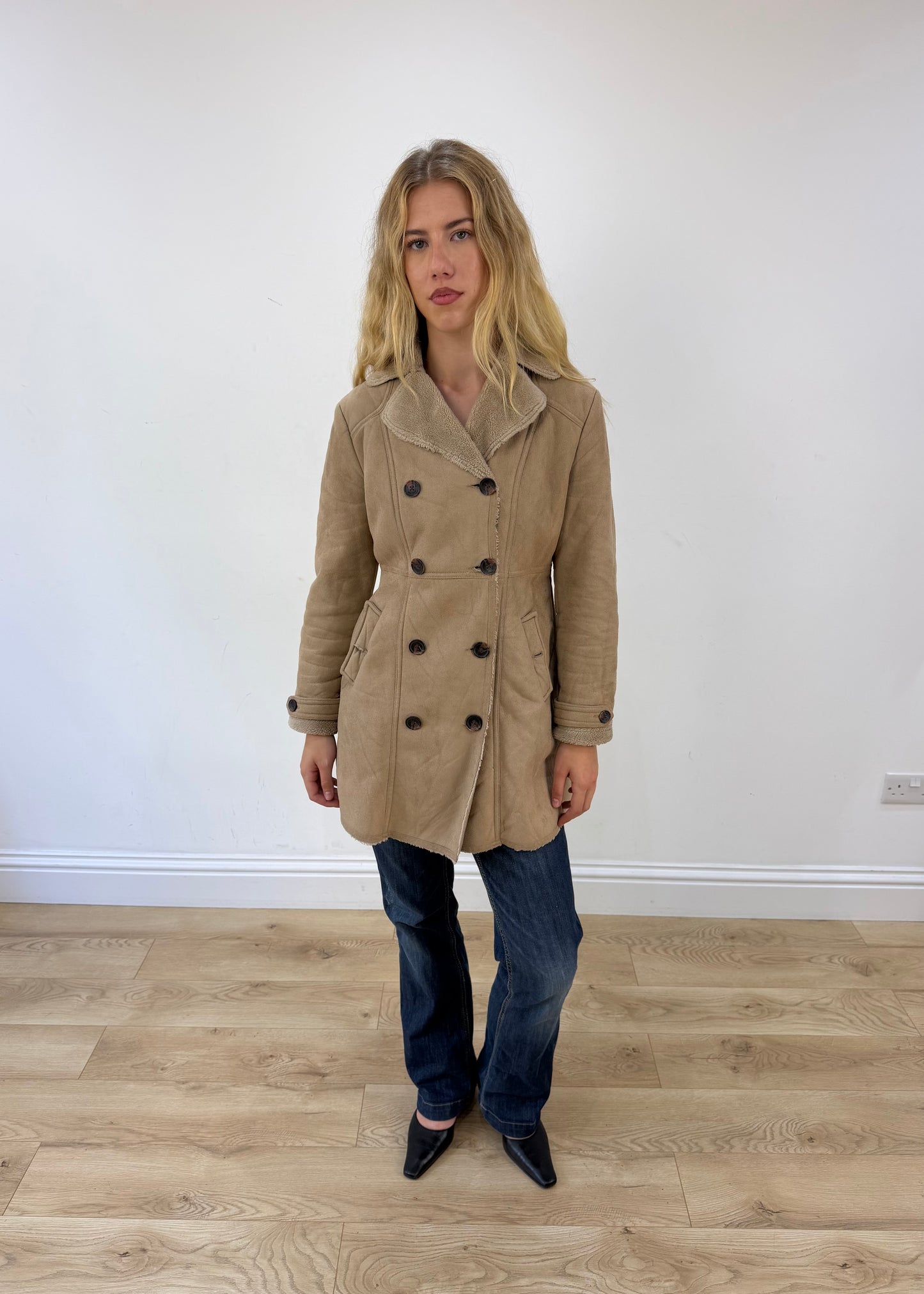 small beige suede pea coat