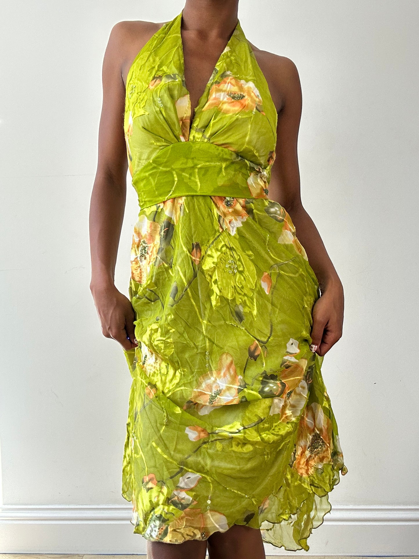 vintage edit twenty-seven | small green iridescent halterneck dress with floral pattern