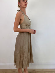 vintage edit: wedding guest | small beige halter neck midi dress with neck tie
