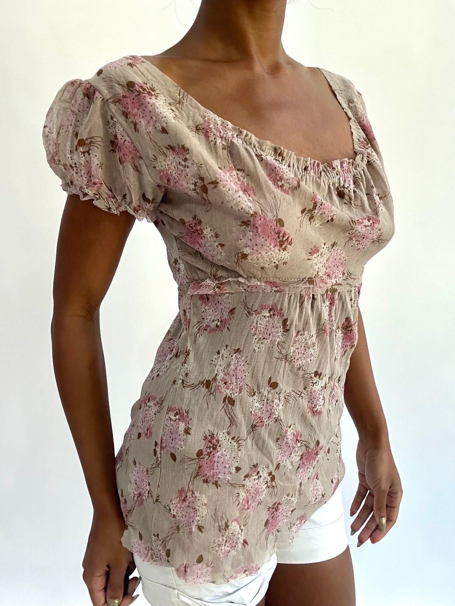 french summer drop | medium/large khaki floral milkmaid top