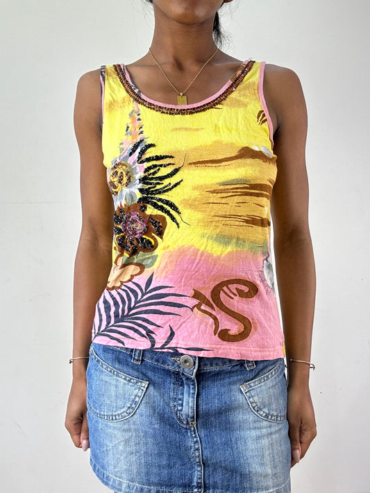vintage edit twenty-one | medium yellow tropical print beaded tank top