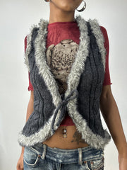 vintage edit thirty-two | small grey knit tie up gilet with faux fur detail
